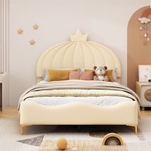 Fortuna Lai - Lit enfnat 140x200cm, lit double avec sommier à lattes et tête de lit dessin animé avec moulure de couronne, tissu simili cuir, beige