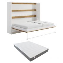 Lit escamotable 140 x 200 cm - Ouverture horizontale manuelle - Avec LEDs - Blanc et naturel + Matelas - RAPILI