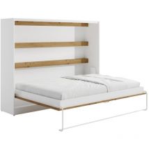 Vente-unique - Lit escamotable 140 x 200 cm - Ouverture horizontale manuelle - Avec LEDs - Blanc et naturel - rapili