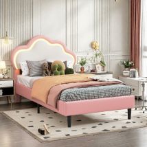 Lit fille 90x200 cm, lit 1 Personne enfant avec lumière LED et design en forme de nuage,cadre de lit avec sommier à lattes,lit Princesse,rose