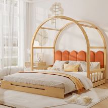Modernluxe - Lit gigogne 140x200cm en pin massif avec tête en velours et sommier à lattes - Orange