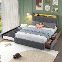 Lit gigogne 160+90x200cm avec 2 tiroirs - avec sommier à lattes et tête de lit led et 2 port charge - en tissu velours Gris