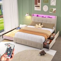 Lit gigogne 160x200 cm, 3 places, avec led, espace de rangement, 2 tiroirs, usb, sommier à lattes en bois, cadre en métal, lit capitonné en Velours