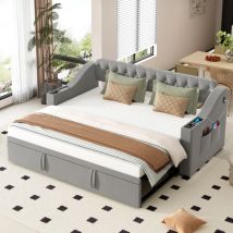Lit gigogne 90/180x190 cm, Canapé-lit extensible capitonné avec sommier à lattes, avec port de charge usb, rangement intégré, canapé-lit