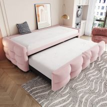 Lit gigogne 90/180x190cm, lit capitonné canapé-lit extensible avec sommiers à lattes, tissu velours, lit multifonction style moderne - Rose
