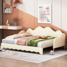 Fortuna Lai - Lit gigogne 90/180x190cm, lit enfant en simili cuir avec éclairage led, avec sommier à lattes, sans matelas, beige