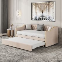 Lit gigogne 90/180x200 cm, canapé lit 90x200, extensible, dossier souple, conception de rivets, Canapé - lit rembourré avec sommier à lattes en bois,