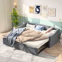 Lit gigogne 90/180x200 cm,canapé lit 90x200 cm,lit capitonné avec dossier et accoudoirs,extensible rétractable,velours,gris