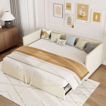 Lit gigogne 90/180x200 cm,lit capitonné canapé,lit multifonctionnel avec dossier et accoudoirs,matelas non inclus,velours,beige