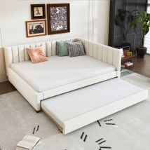Fortuna Lai - Lit gigogne 140x200+90x190cm, canapé lit avec sommier à lattes, tissu velours, sans matelas, beige