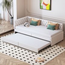 Lit gigogne 90x200,canapé lit,extensible,Dossier confortable avec finition en losange,Tissu velours doux pour la peau,Beige