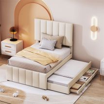 Fortuna Lai - Lit gigogne 90x200cm+90x190cm, lit à roulettes avec 3 tiroirs, lit capitonné en lin, pour enfant et jeune, beige