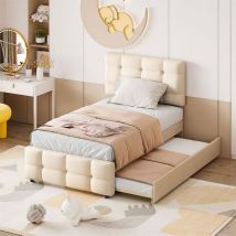 Lit gigogne 90x200cm+90x190cm, Lit capitonné d'enfant, lit extensible en lin avec sommier à lattes, tête de lit réglable, beige