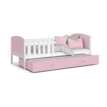 Lit Gigogne Tomy 90x190 Blanc - rose Livré avec sommiers, tiroir et matelas en mousse de 7cm