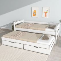 Lit gigogne avec 2 tiroirs - 200x90cm & 190x90cm - bois massif - blanc