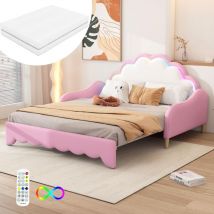Lit gigogne capitonné 140x190 cm, avec matelas, éclairage led, tissu similicuir, sommier à lattes, style Moderne, canapé-lit extensible - Rose