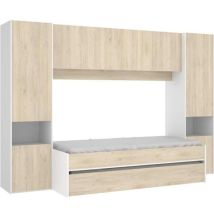Lit Gigogne Enfant 90x190 Cm – Décor Blanc/chêne – Tiroir 2ème Couchage Ou Rangement – Structure Panneaux Mélaminés – Dimensions Totales L92 X P198 X 