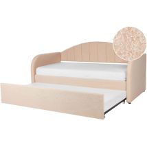 Lit Gigogne Simple avec Sommier à Lattes 90 x 200 cm Rembourré en Tissu Bouclé Rose Pêche Eyburie