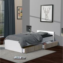 Bett kappa 90x190 + 2 Schubladen / Weiß & Eiche gebleicht/ L194xB94xH59