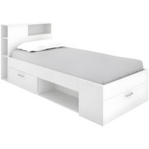 Lit avec tête de lit rangements et tiroir - 90 x 190 cm - Blanc - LEANDRE