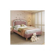 Lit LED simple 90 x 200cm Cadre de lit avec sommier à lattes et tête de lit réglable, lit rembourré en rose, lit d'adolescent pour chambre à coucher