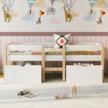 Lit enfant avec 2 tiroirs, protection antichute, 90x190 cm en bois, blanc & chêne