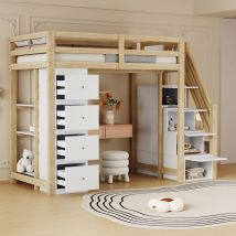 Lit mezzanine 90x200cm en bois massif - avec 4 tiroirs et escalier de rangement - Naturel (matelas non inclus)