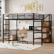 Lit mezzanine 140x200cm en métal - avec bureau、armoire et échelle de rangement - Noir