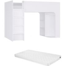 Lit mezzanine 90 x 190 cm avec rangements - Blanc - Avec matelas - columi