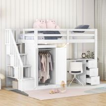Lit mezzanine 90 x 200 cm - avec armoire, escalier, bureau, 3 tiroirs et placard, sommier à lattes, style contemporain, lit ado, lit adulte - blanc