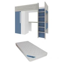 Lit mezzanine 90 x 200 cm avec armoire et bureau - Bleu et blanc + matelas - NICOLAS