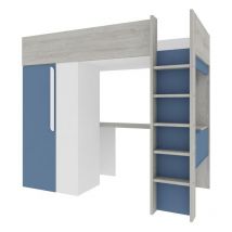 Vente-unique - Lit mezzanine 90 x 200 cm avec armoire et bureau - Bleu et blanc - nicolas