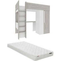 Lit mezzanine 90 x 200 cm avec armoire et bureau - Naturel grisé et blanc + Matelas - nicolas