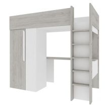 Lit mezzanine 90 x 200 cm avec armoire et bureau - Naturel grisé et blanc - NICOLAS
