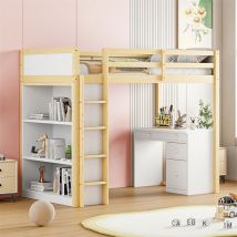 Lit mezzanine 90 x 200 cm avec armoires de rangement et table d'ordinateur, lit mezzanine enfant multifonctionnel en bois naturel