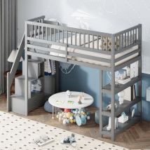 Lit mezzanine 90 x 200 cm, lit enfant, avec penderie et étagères de rangement, escalier de rangement, en bois, gris