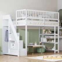 Lit mezzanine 90 x 200, meuble haut de sécurité design avec penderie, étagères et rangements avec échelle d'escalade de sécurité, lit multifonction