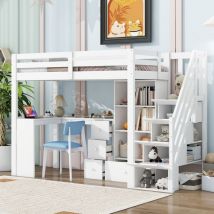 Hochbett 90x200 Jugendbett Ohne Matratze,kinderbett Mit Geländer& Schreibtisch Und Schubladen,einzelbett Mit Verstaubarer Leiter Und Mehreren 
