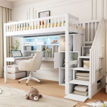 Lit mezzanine, 90200cm, lumière d'ambiance télécommandée, échelle de rangement, étagères, compartiments de rangement, bureau, sans matelas, blanc