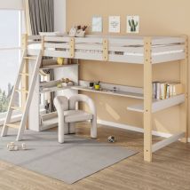 Lit mezzanine 90x200cm avec bureau et étagères intégrés, Lit enfant avec échelle inclinée, barrière de sécurité et sommier à lattes, lit mezzanine en