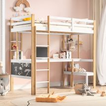 Lit mezzanine 90x200 cm, avec Bureau, étagères de rangement, escalier, sommier à lattes, clôture de sécurité, Lit enfant princesse en bois - Blanc