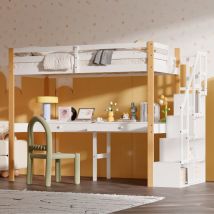Eifson - Lit mezzanine 90x200 cm, avec escalier de rangement et bureau, deux tiroirs de rangement, grille antichute, structure en bois massif, adapté
