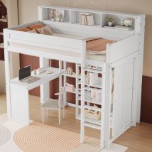 Lit mezzanine 90x200 cm, avec table et penderie, avec filet antichute, avec étagères et quatre marches, rangements intégrés, pin+MDF+contreplaqué,