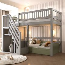 Nmonet - Lit Mezzanine 90x200 Cm En Bois , Avec Escalier Et Rangement, Lit Pour Enfant Avec Cadre En Bois Massif - Gris