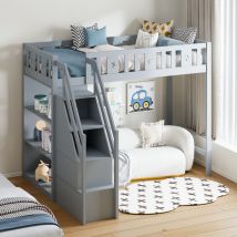 Lit mezzanine 90x200 cm, lit enfant, échelle de rangement, étagères de rangement, structure en bois, sécurité et antichute, gris