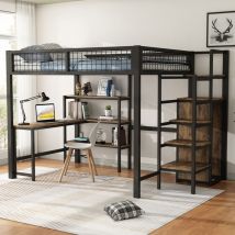 Lit mezzanine 140x200 cm, avec armoire, bureau, escalier, étagères, sommier à lattes, cadre en métal, clôture de sécurité, lit enfants - Noir