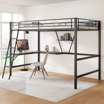 Lit mezzanine 90x200 cm, avec bureau en forme de l , escalier, étagère, sommier à lattes, cadre en métal, clôture de sécurité, Lit enfant - Noir