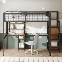 Lit mezzanine enfant 140x200 cm avec structure en fer - avec échelle de rangement、une penderie et un bureau - Noir