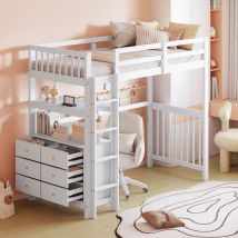 Lit mezzanine 90x200cm en bois massif - avec 6 tiroirs et barrières de sécurité - Blanc