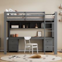 Lit mezzanine 90x200cm - lit enfant avec grand bureau avec 4 tiroirs, étagères de rangement, escalier stable, sommier à lattes - gris
